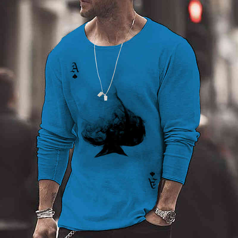 Summer Mens Clothing Long Sleeve T Shirt Men Black A Print Round Neck Shirts Casual Ace of Spades Slim Fit Tshirts Tops 210515