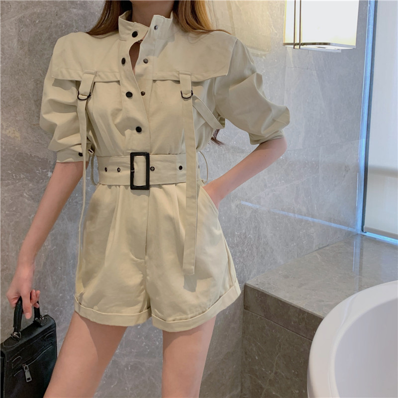 Summer Fashion Romper Women Casual Single-Breasted playsuits Ladies Elegant Belt Short Jumpsuit Overalls 210519