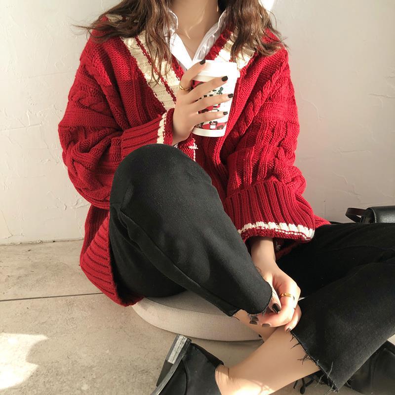 Vintage V-neck Women Sweater Korean Chic Striped Jumpers Twisted Knitwear Autumn Loose Female Knitted Pullovers 210519