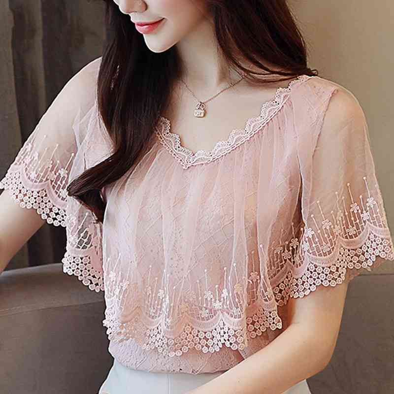 Women Tops and Blouses Summer Lace Blouse Shirt Fashion Short Sleeve Top Blusa Feminina 0788 30 210506