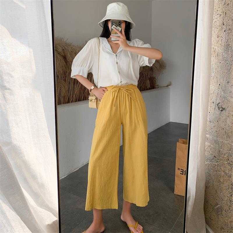 Women Wide Leg Pants Spring Summer Cotton Linen Calf-Length Casual Loose Solid Elastic Waist Soft Straight Trousers Female 210526