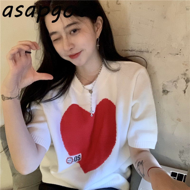 Sweaters&Jumpers Pullovers O Neck Short Sleeve Sweater Love Heart Kniited Top Chic Sweet Fashion Casual Japan Style Spring 210429