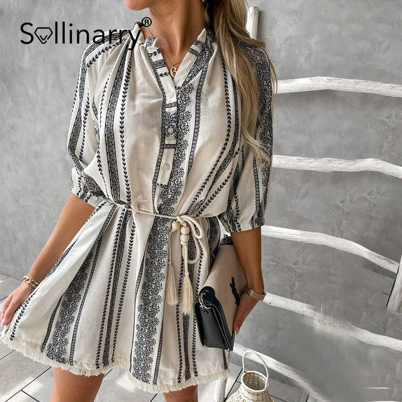 Sollinarry Autumn Beach Lace Up Women Dress Cotton Stripes A-line V Neck Female Mini Dress Regular 3/4 Sleeve Ladies Short Dress 210709