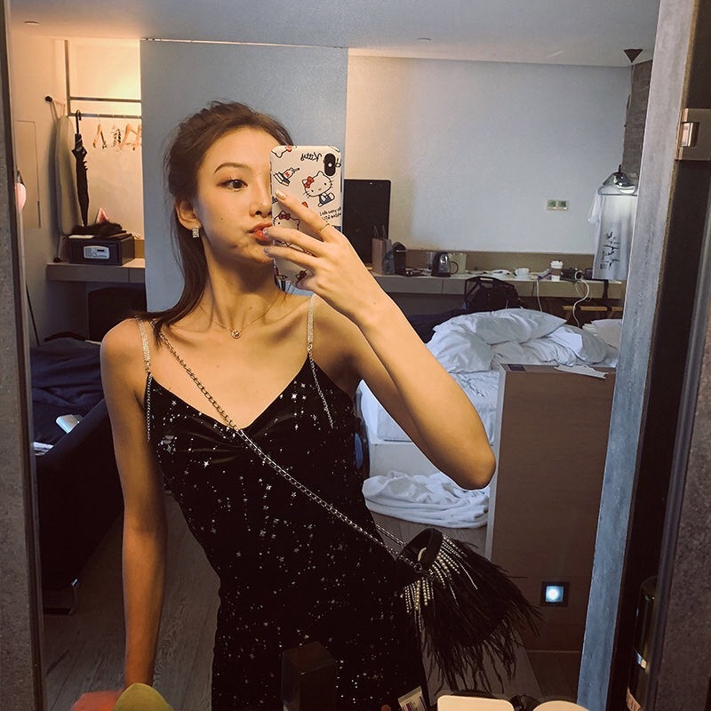 black dress vntage party mini spaghetti dinner es ssexy night club chains strap star velvet for women vestidos 210421