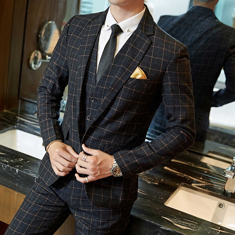 Wedding suit men Slim Fit Plaid Suit 3pc set Male Groom Blazers Pants Man Formal Business Work Wear Dress Suits Asian size X0909