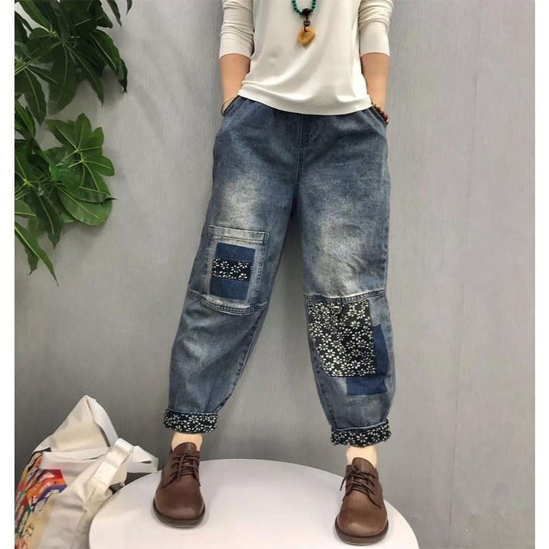 Arrival Spring Arts Style Women Elastic Waist Loose Vintage Jeans Casual Patchwork Print Cotton Denim Harem Pants V296 210512