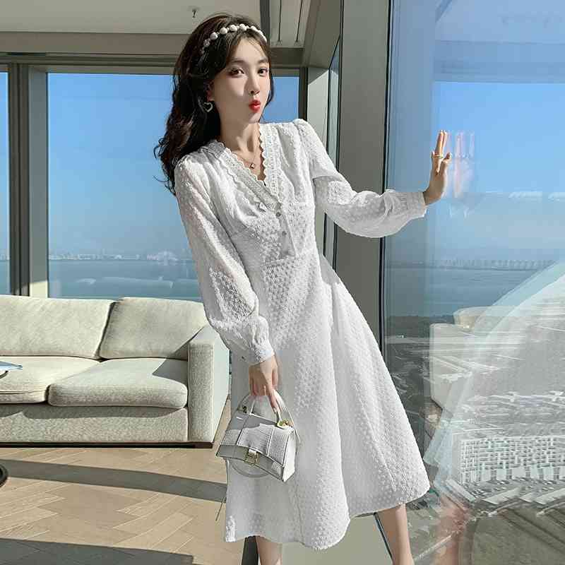 Spring And Autumn Korea Chic White Lace Dress Sexy V-Neck Sweet Slim Waist Temperament Women's Clothing 210520