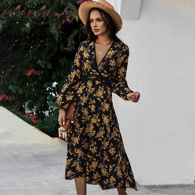 Surplice Neck Floral Print Long Dress Women Spring Holiday Boho Lace Patchwork High Waist Asymmetrical 210510