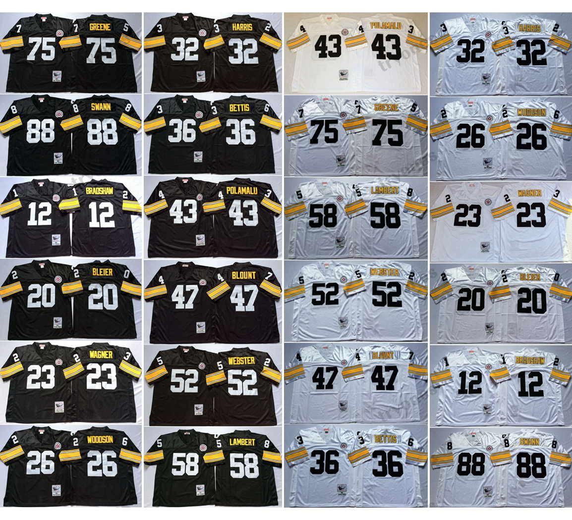 Vintage 12 Terry Bradshaw Bleier Wagner Football Jerseys Woodson 32 Harris 36 Jerome Bettis 43 Troy Polamalu Blount Webster Lambert 75 Joe Greene 88 Lynn Swann Jers
