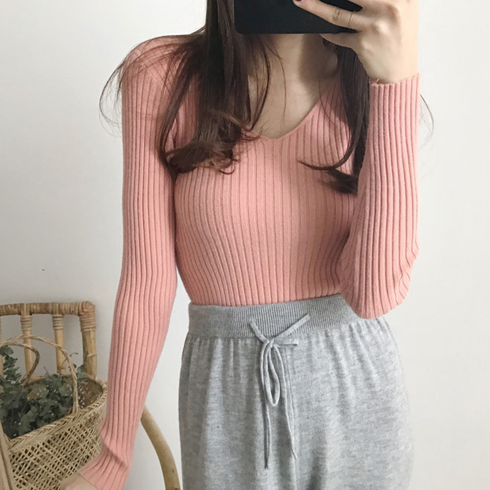 Korean V Neck Knit Sweater Women Knitted Ribbed Pullover Long Sleeve Slim Jumper Soft Warm Pull Femme 210428