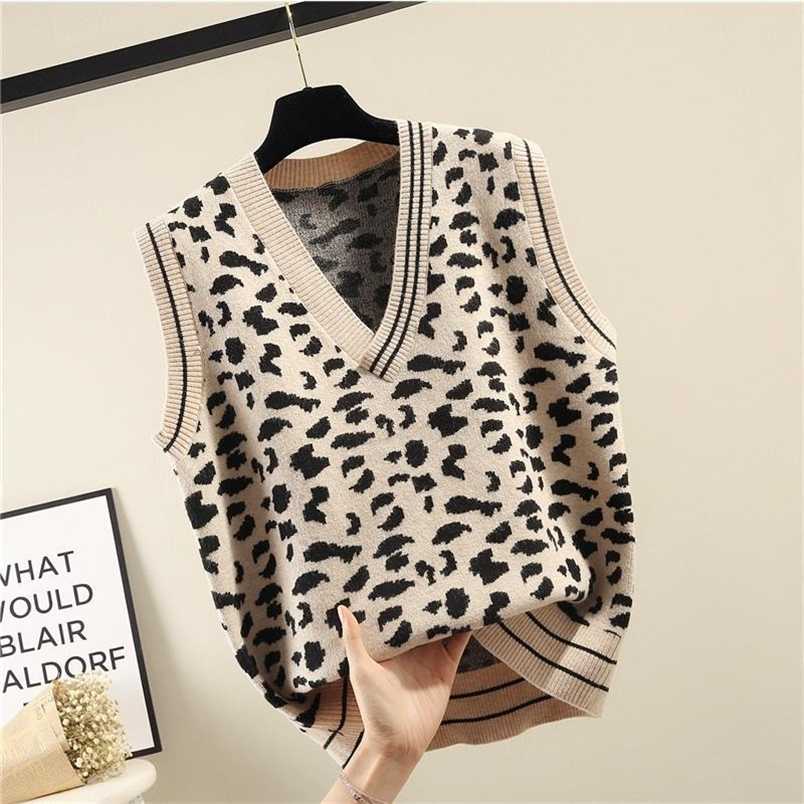 V-neck Leopard Pattern Knitted Sweater Vest Women Loose Sleeveless Fashion Short Pullover Sweater Vest Female Spring Autumn 211009
