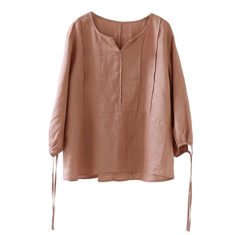 Spring Summer Women 3/4 Sleeve Loose V-neck Shirt 100% Linen Solid Casual Blouses Femme Purple Tops High Quality M249 210512