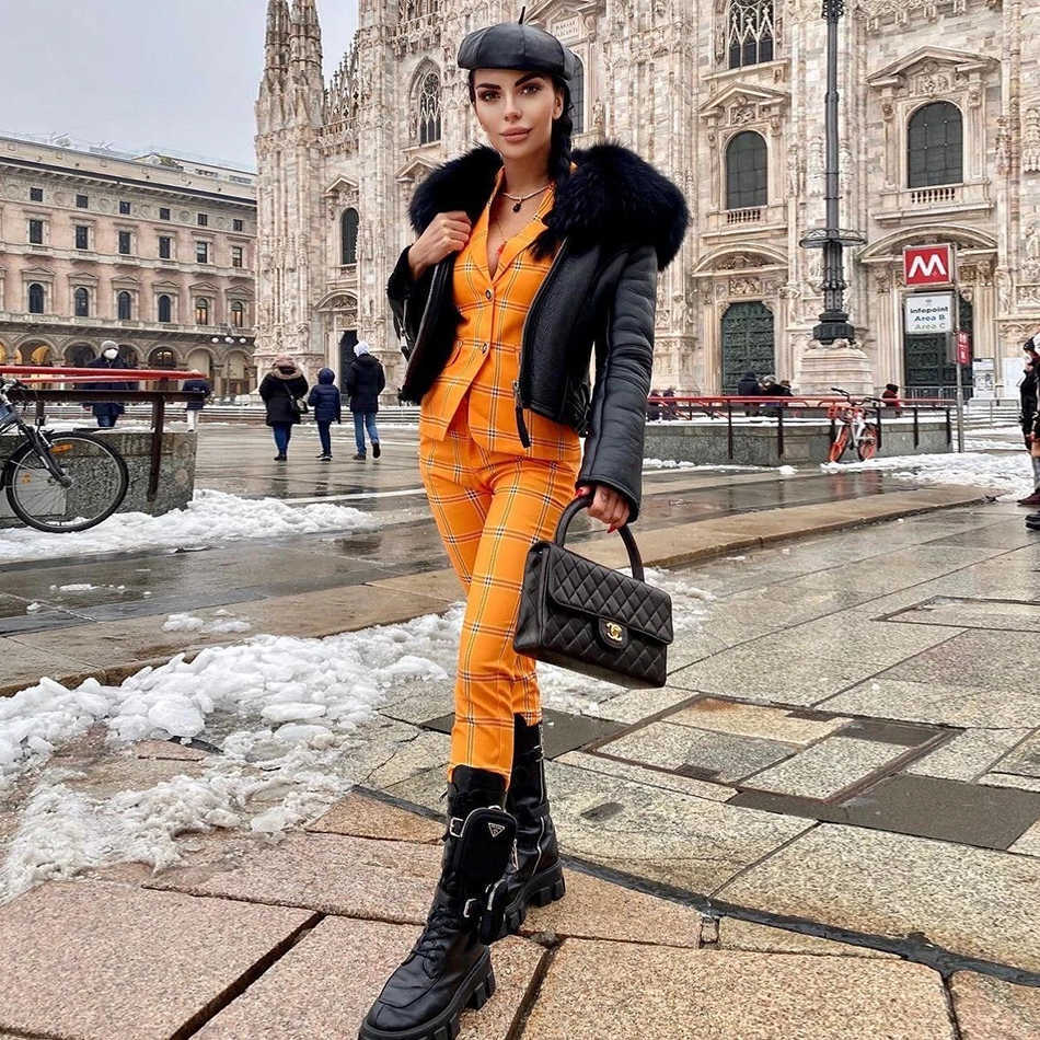 Elegant Plaid Orange Ladies Suit Jacket Long Sleeve Office Pants Casual Fall Summer Two-piece 210527