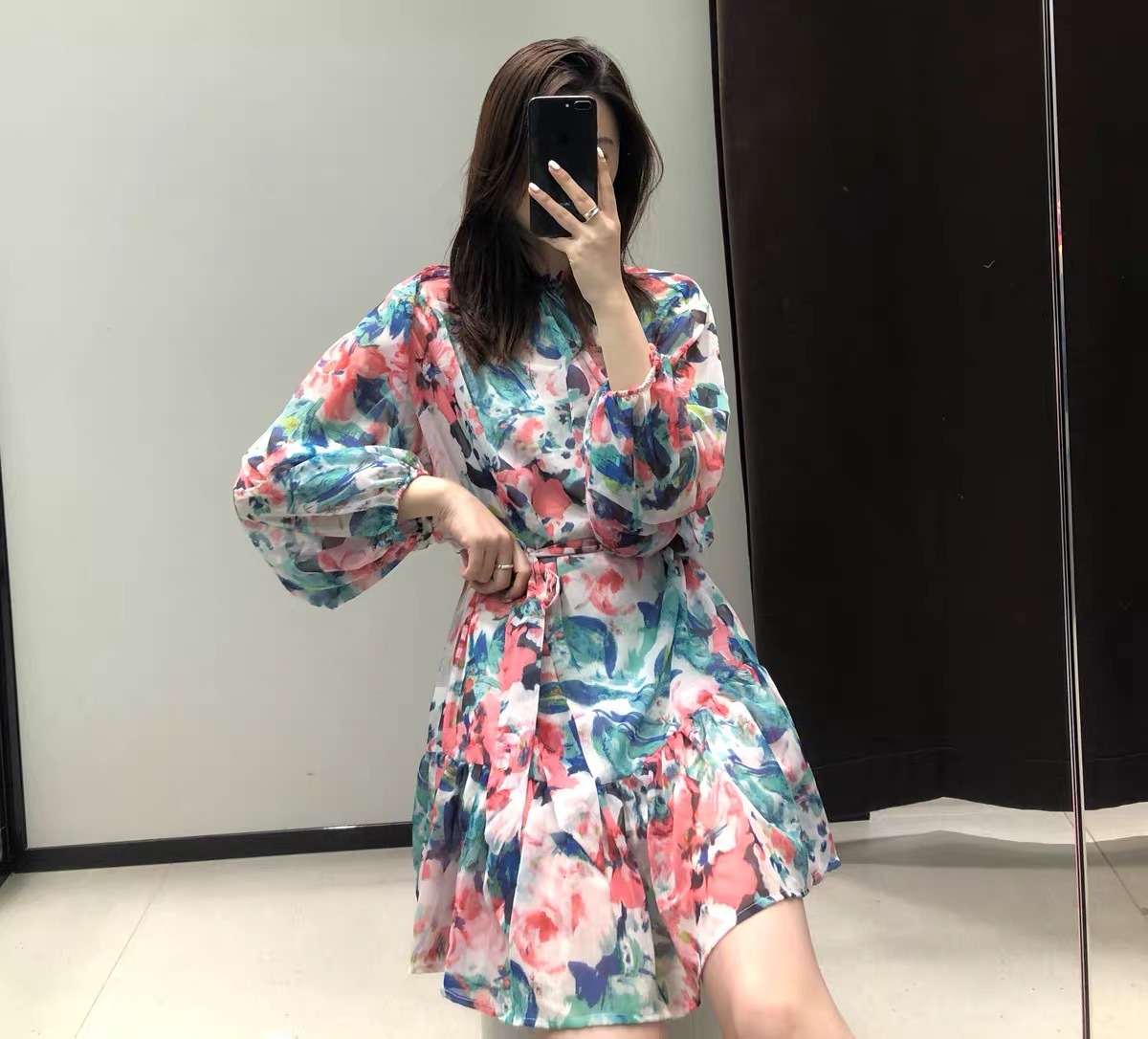 floral summer mini dresses for women loose casual lantern sleeve ruffles flower dress belt boho holiday beach plus size 210421