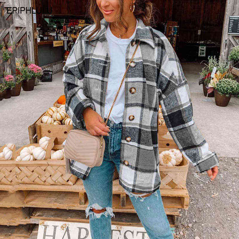 Autumn Plaid Jacket Women Overshirt Long Checkered Jacket Woman Female Long Sleeve Winter Shirt Jackets Coats For Women 211117