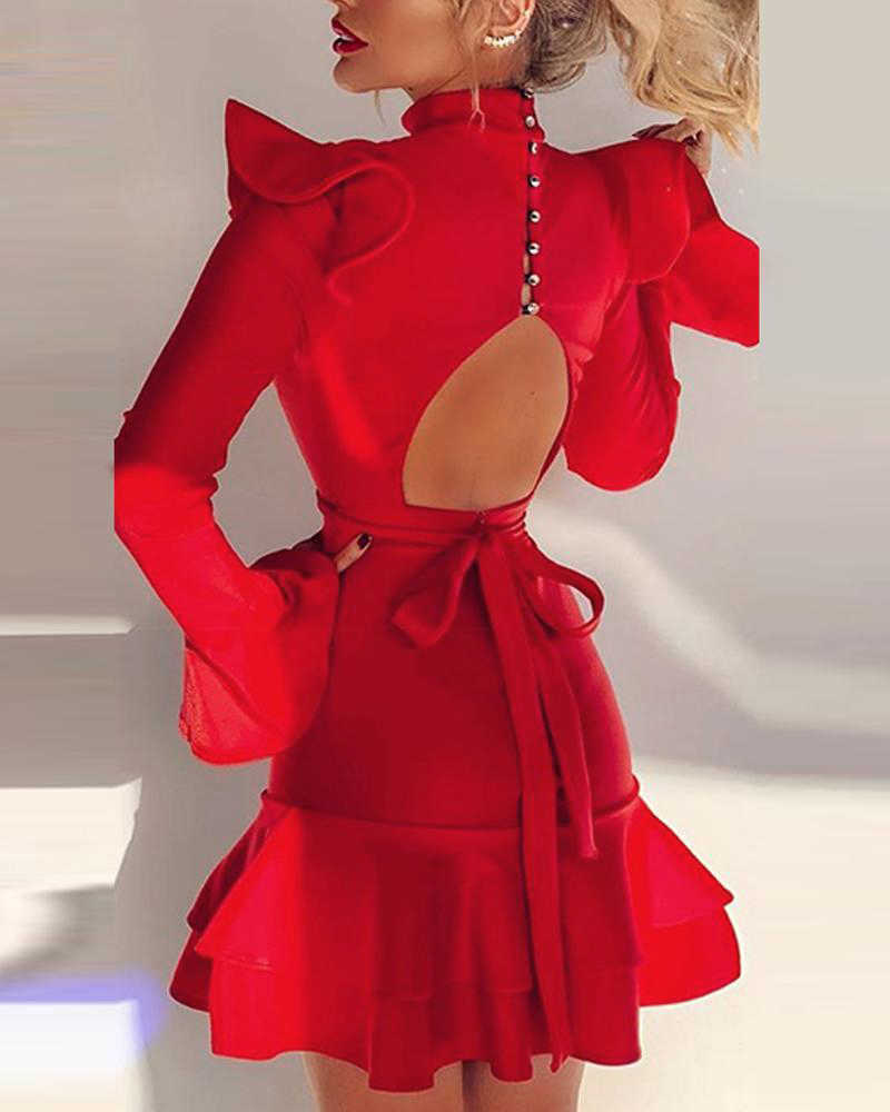 Fashion Women Sexy Backless Dresses Long Sleeve Mini Red Nightclub Dress Ruffle Hem Flare Sleeve Lace-up Back Party Dress 210716
