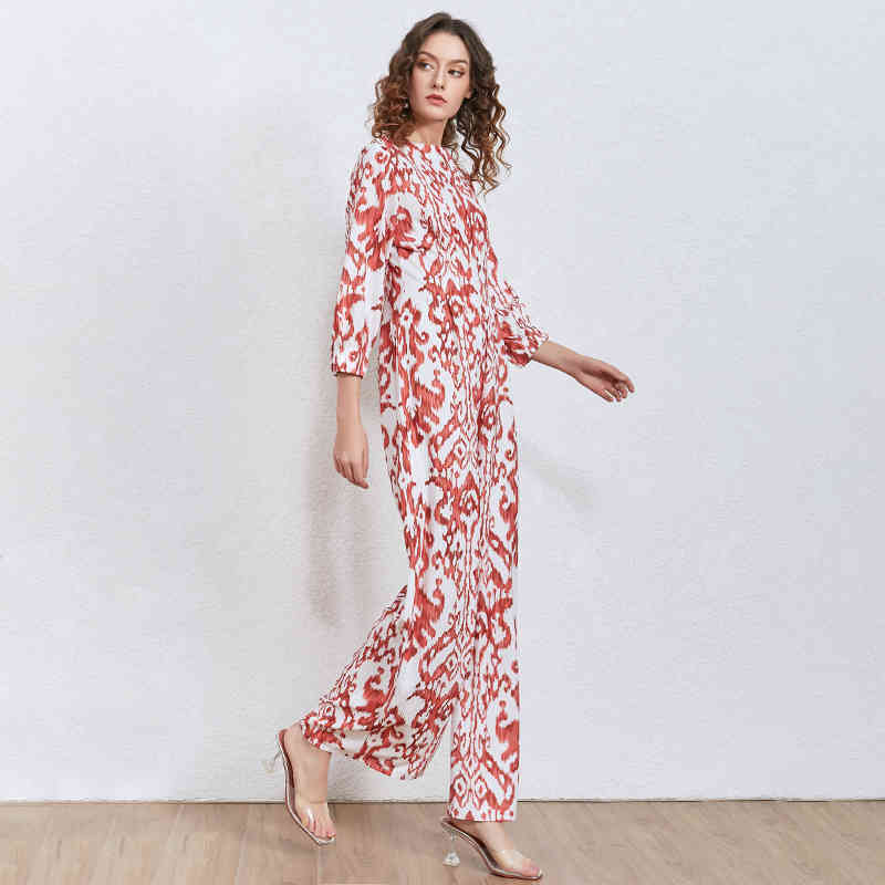 Casual Printed Jumpsuit Female Long Sleeve High Waist Wide Leg Jumpsuits Women Fashion Clothes Spring 210521