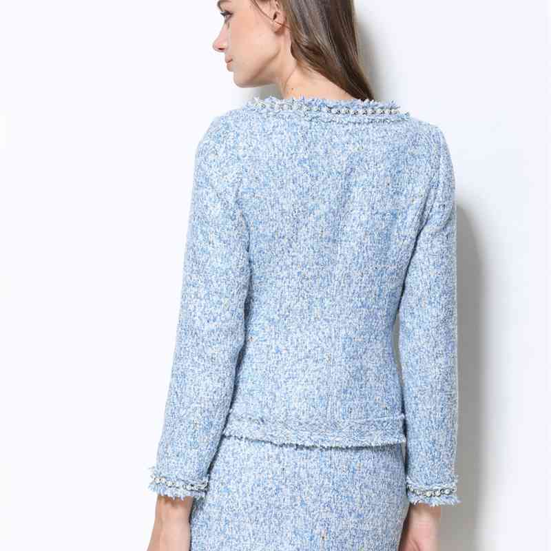 HIGH Quality Runway Winter Long Sleeve Beading Tweed Jacket Coat +Women Two Piece Skirt Set S-XXL 210520
