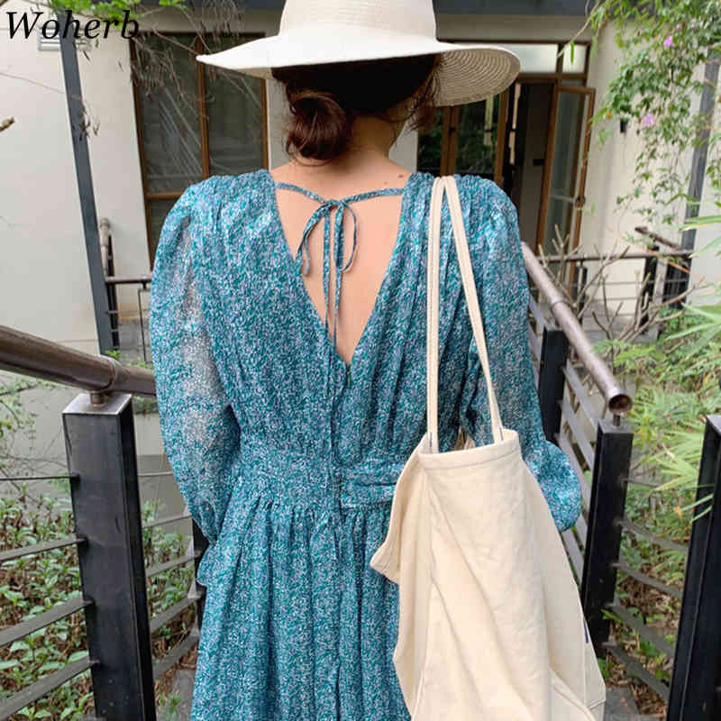 Sexy Maxi Dresses Women V-Neck Backless Robe Lace-up Flare Sleeve Korean Temperament Vestidos Pleated Slim Chiffon Dress 210519