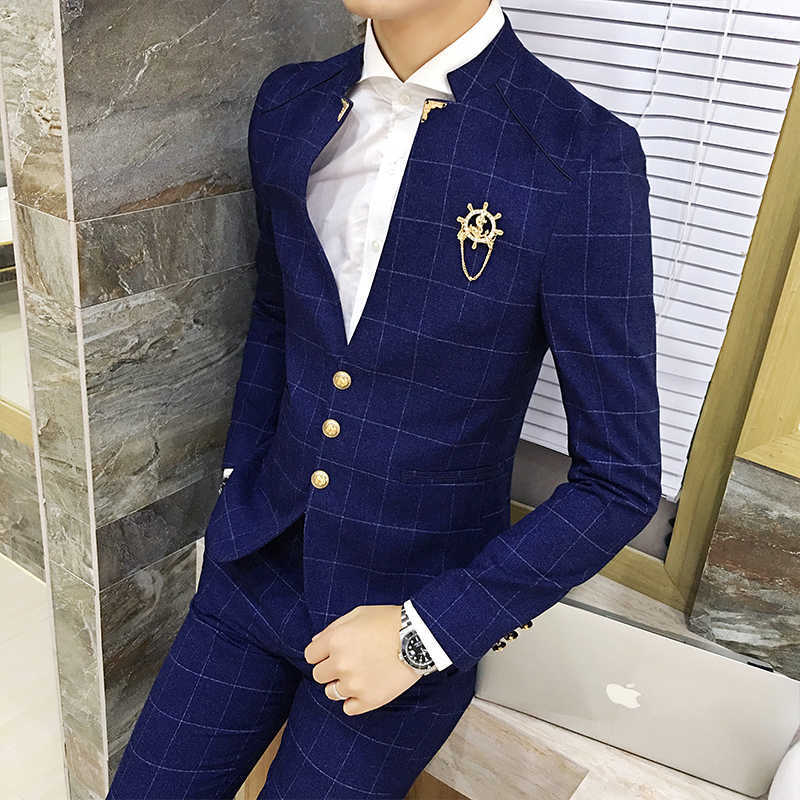 Classic Men Plaid Suits Size S-3XL Slim Fit Men Blazer Jacket and Pants, Black, Navy, Mens Wedding Suits High Quality X0909