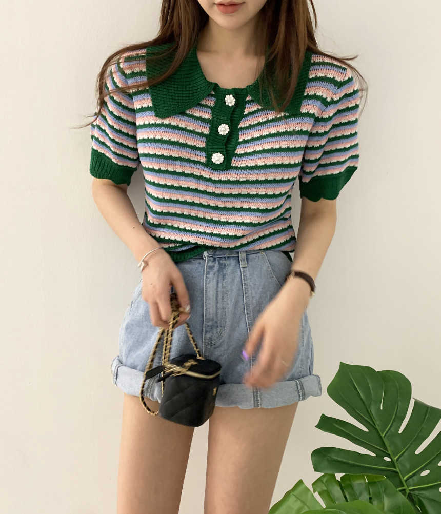 Korejpaa Women T-Shirt Summer Korean Chic Western Style Lapel Three Buttons All-Match Puff Sleeve Color Striped Pullovers 210526