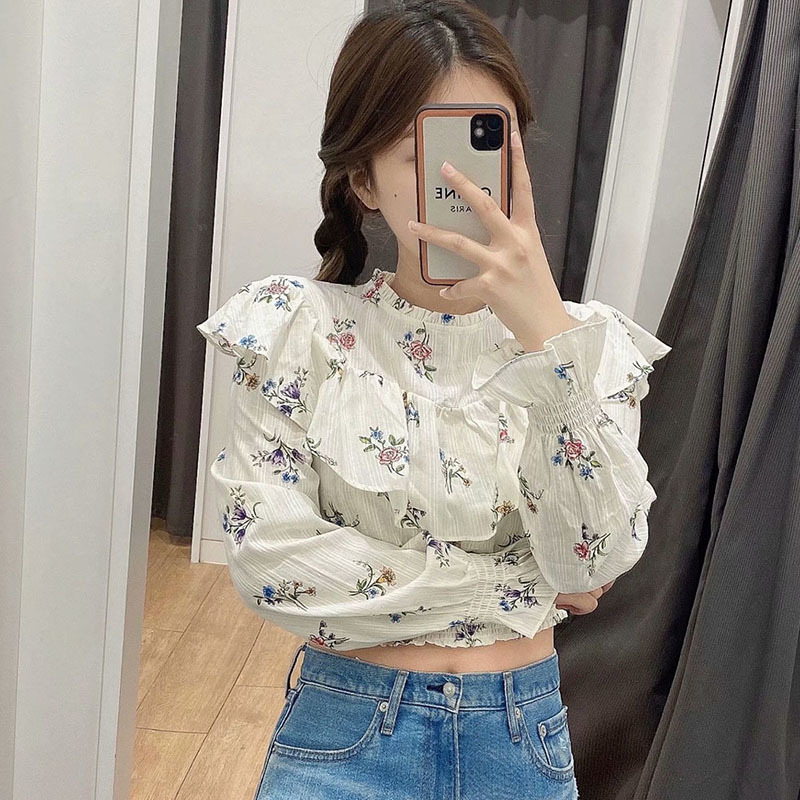 Shirt Blouse Women Chemise Damen Pullover Ruffle Top Manga Larga Femme Manche Longue Blusas Blanche De Verano Camisas Printing 210521