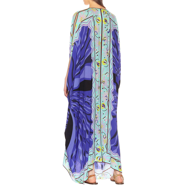 VKBN High Quality Silk Women Long Dress Batwing Sleeve Three Quarter V-Neck Geometric Pattern Printing Maxi Dresses for Women 210507
