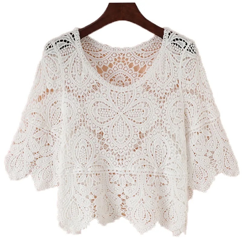 Summer Hollow Out Lace Shirt Women Hook Flower Top Female Women's Short Sleeve Blouse Sunscreen blusas 14127 210427