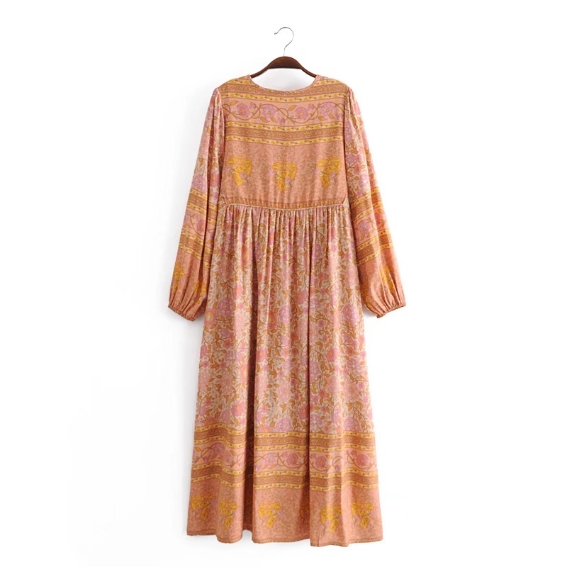 Bohemia Bandage Lacing up Collar Orange Floral Print Dress BOHO Woman Hit Color Long Sleeve Maxi Holiday Dresses 210429