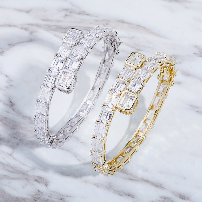 New Fashion Iced Out Baguette Cubic Zirconia Adjustable Bangle Women's Bracelet Hip Hop Charm Jewelry Valentine Day Punk Party Gift for Women and