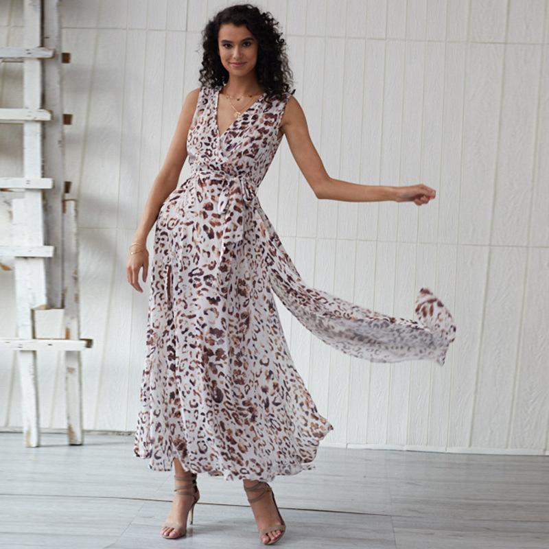Women Bohemian Split Leopard Dress Elegant V-neck Empire A-line Ladies Frocks Casual Sleeveless Vestidos Bandage Maxi Dresses
