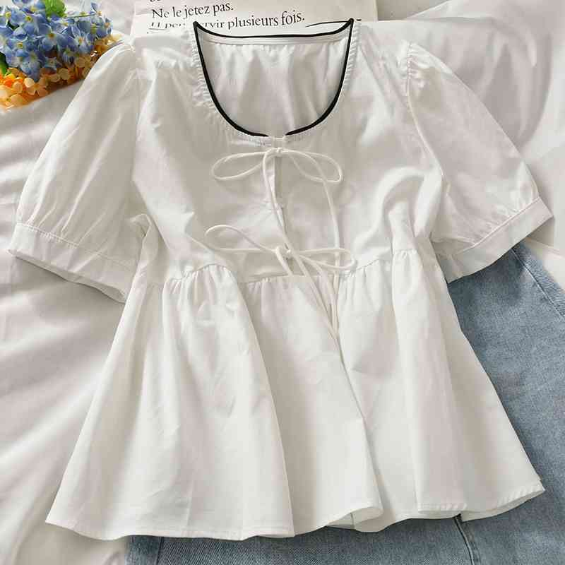 Kimutomo Sweet Wind Bow Lace Up Blouse Girls O Neck Short Sleeve Shirt Female Summer Solid Color Korean Chic Elegant 210521