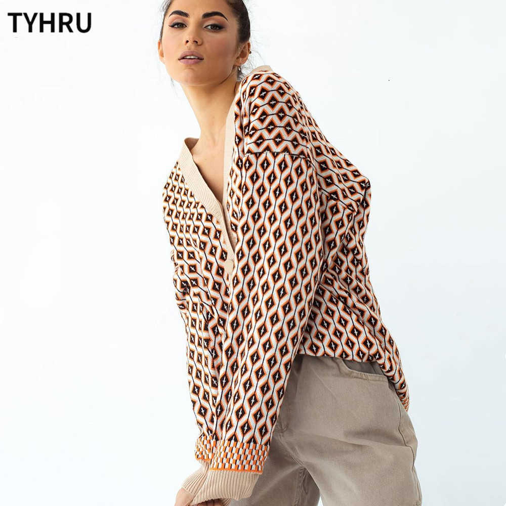 TYHRU Women's Knitting Sweater Color Matching Diamond Lattice Single-Breasted Buttons Loose Casual Knitted Cardigan Sweaters 211007