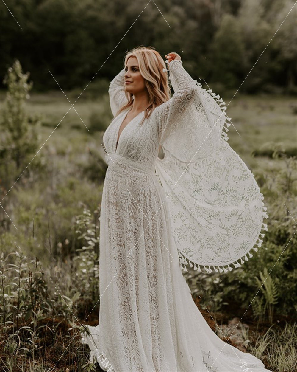 Country Bobo Lace Wedding Dresses Flare Sleeve High Wasit softness mercy dress Pregnant Bridal Gowns Plus Size Tassel