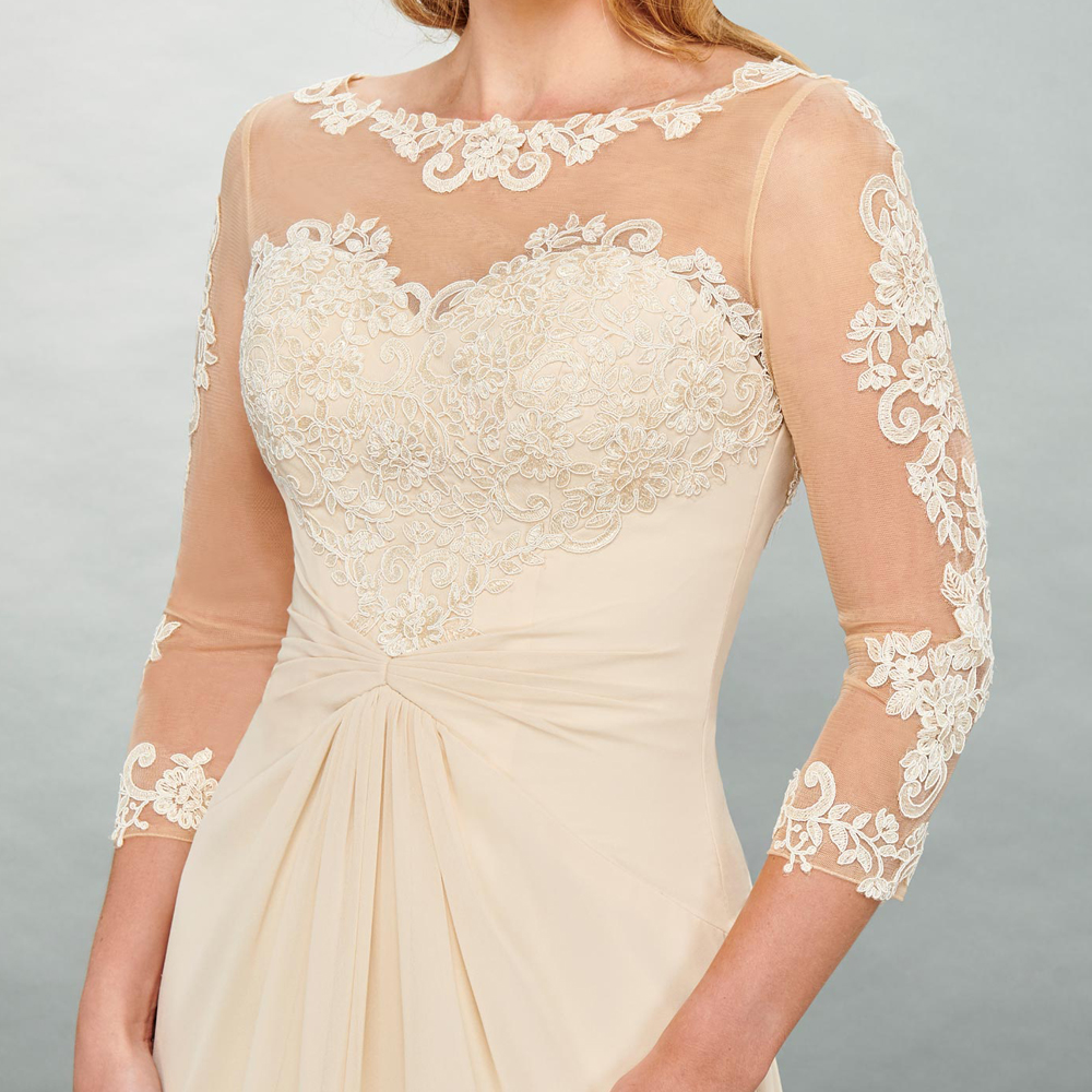 Daffodil Chiffon Bridesmaid Dresses Three Quarter Sleeves Zipper Back Wedding Party Dress Sheer with Floral Applique