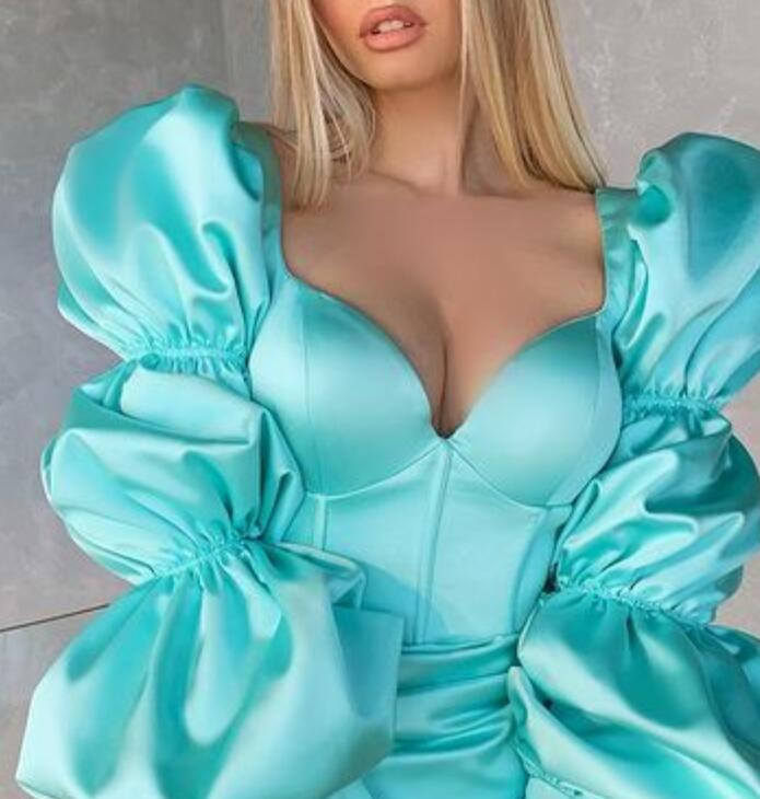 2021 Plus Size Arabic Aso Ebi Sky Blue Stylish Prom Dresses Long Sleeves High Split Satin Formal Evening Party Second Reception Gowns ZJ354