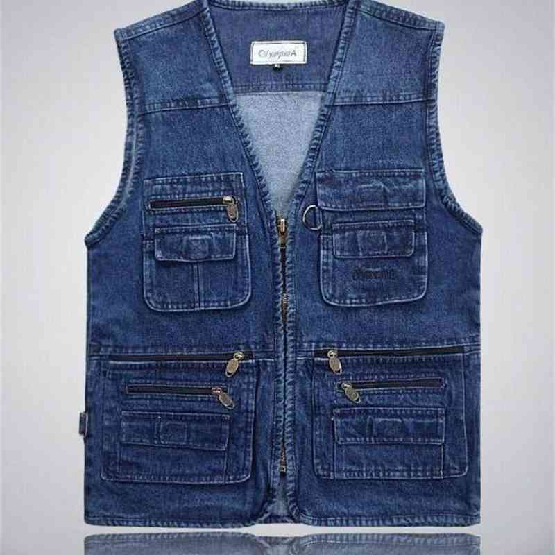 Male Denim Vests Men Fashion 4XL 5XL Vest Mens Combats Cotton Multi Pocket Sleevless Coats Jean Jacket Zipper Men's Jeans Tanks 210518