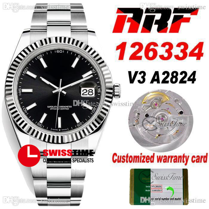 ARF V3 41mm ETA A2824 Automatic Mens Watch Fluted Bezel Black Dial Stick Markers 904L Steel Case Bracelet Super Edition 2021 Same Series Warranty Card Swisstime g7, Tag label no watch)
ARF V3 41mm ETA A2824 Automatic Mens Watch Fluted Bezel Black Dial Stick Markers 904L Steel Case Bracelet Super Edition 2021 Same Series Warranty Card Swisstime g7, Tag label no watch)