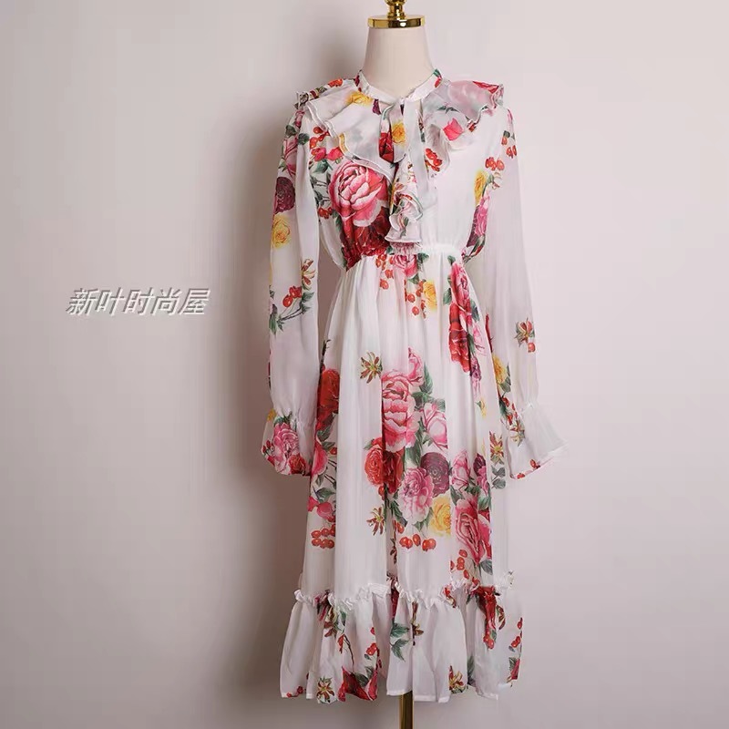 ruffles ruched flower printed midi dress elegant lady white chiffon boho dresses casual party plus size robe vestidos 210421