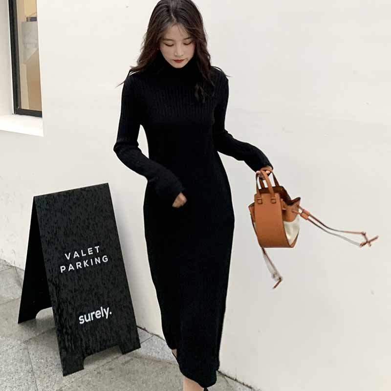 Autumn Elegant Mid-calf Dress Long Half Turtleneck Women Winter Knitted Jumper Solid Wool Korean Clothes Chic 11952 210510