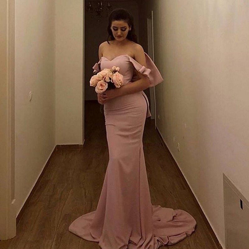 Rose Pink Long Mermaid Bridesmaid Dresses With Big Bow Off Shoulder Vestido longo Maid of Honor Wedding Guest Party Dress
