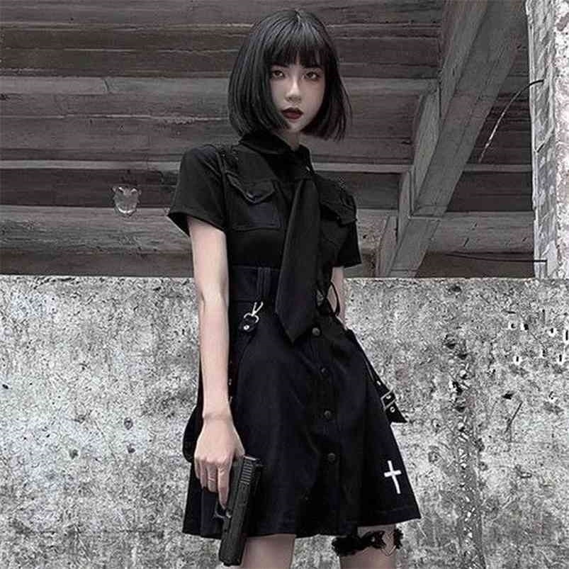 QWEEK Goth Dress Punk ic Harajuku Summer Black Mini Shirt Women Short Sleeve Emo Clothes Mall Dark Academia 210623