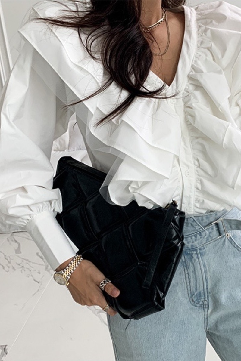 Nomikuma Korean Ruffle Patchwork Blouse Shirt Puff Sleeve V-neck Women Shirt Causal Spring Single Breasted Blusas New 6D929 210427