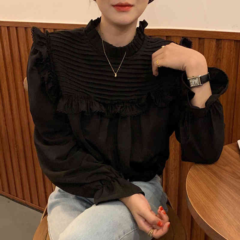 Nomikuma Causal Slim Waist Flare Sleeve Blouse Women Korean Stand Neck Shirt Spring New Pullover Blusas Mujer De Moda 6D864 210427