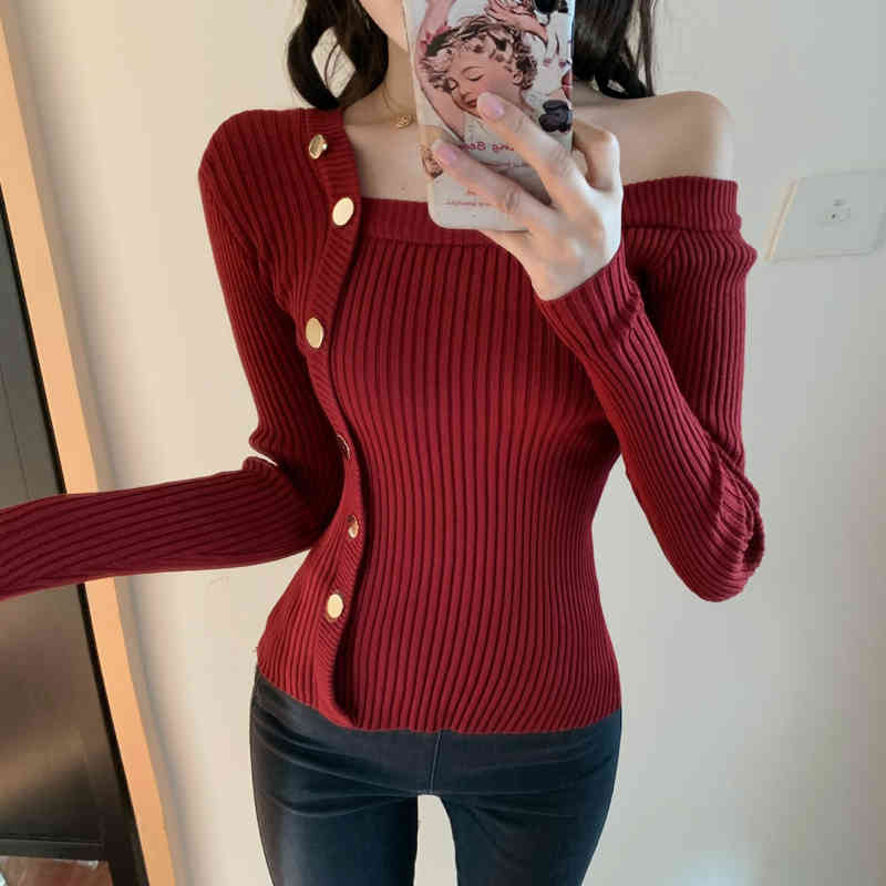 Fashion Korean Women Sweater Elegant Sexy Single-Breasted Long Sleeve Slim Knitt Sweaters Jumper Soft Warm Pull Femme 210519