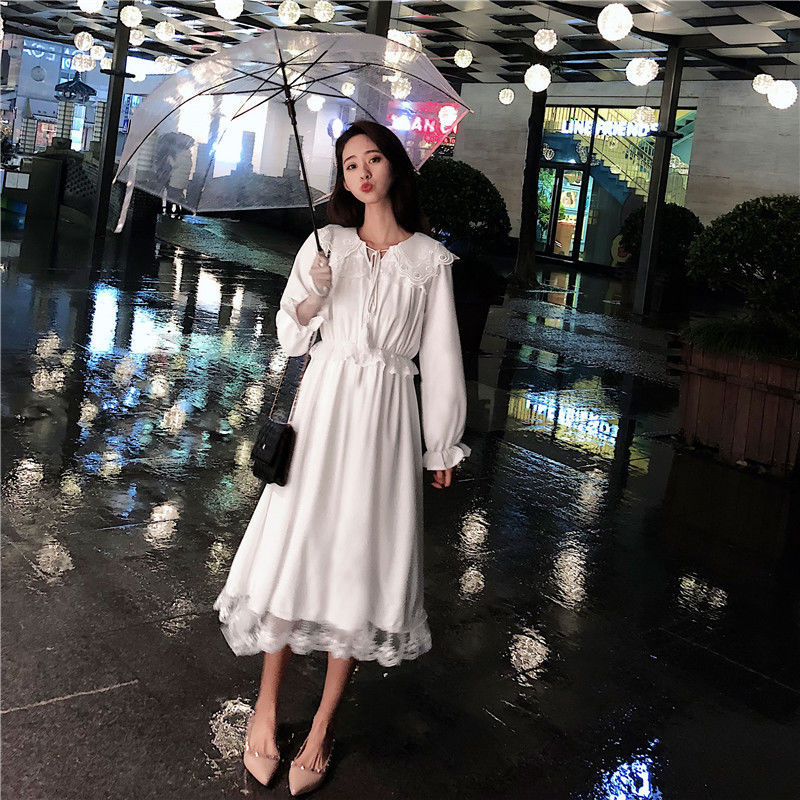 French Fairy White Dress Women Elegant Vintage Long Sleeve Party Dress Peter Pan Collar Bow Dress Korean Autumn 210521