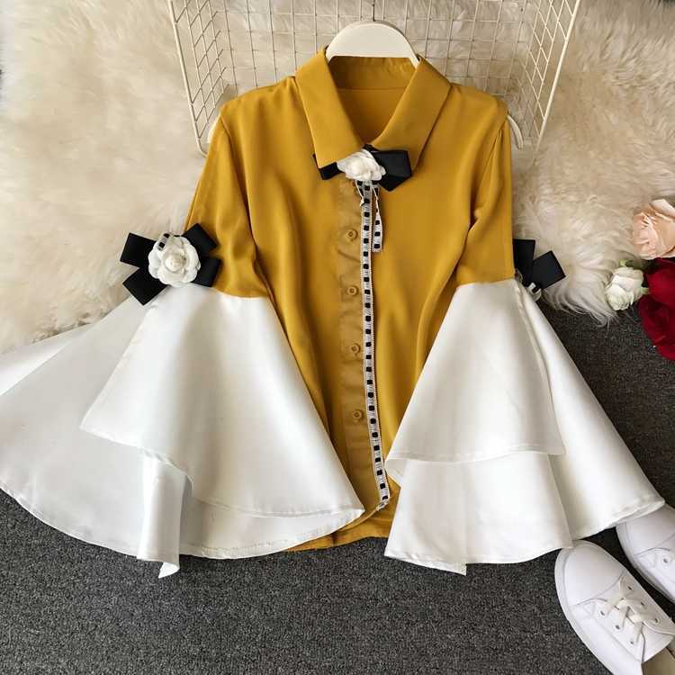 Spring Autumn Fashion Court Off-Shoulder Long Flare Sleeve Slim Fit Chiffon Blouses for Women Elegant Shirts Tops P365 210527