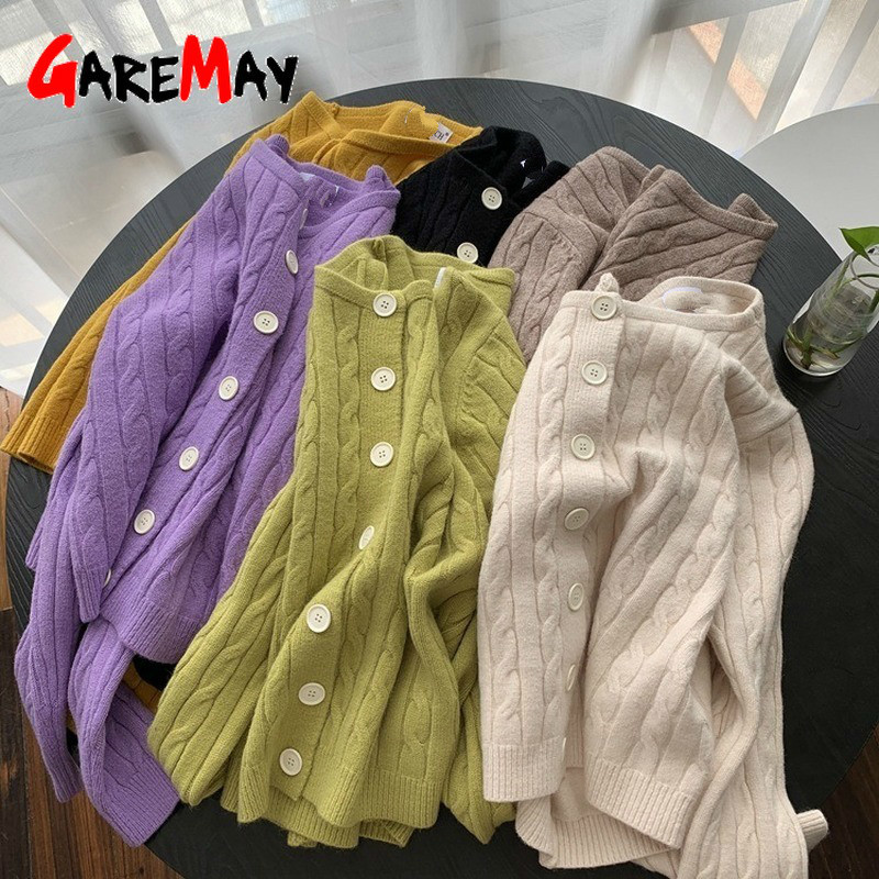 Fashion Slim Ladies Knitted Sweater Long Sleeve Buttons Crop Cardigan Women Short 210428