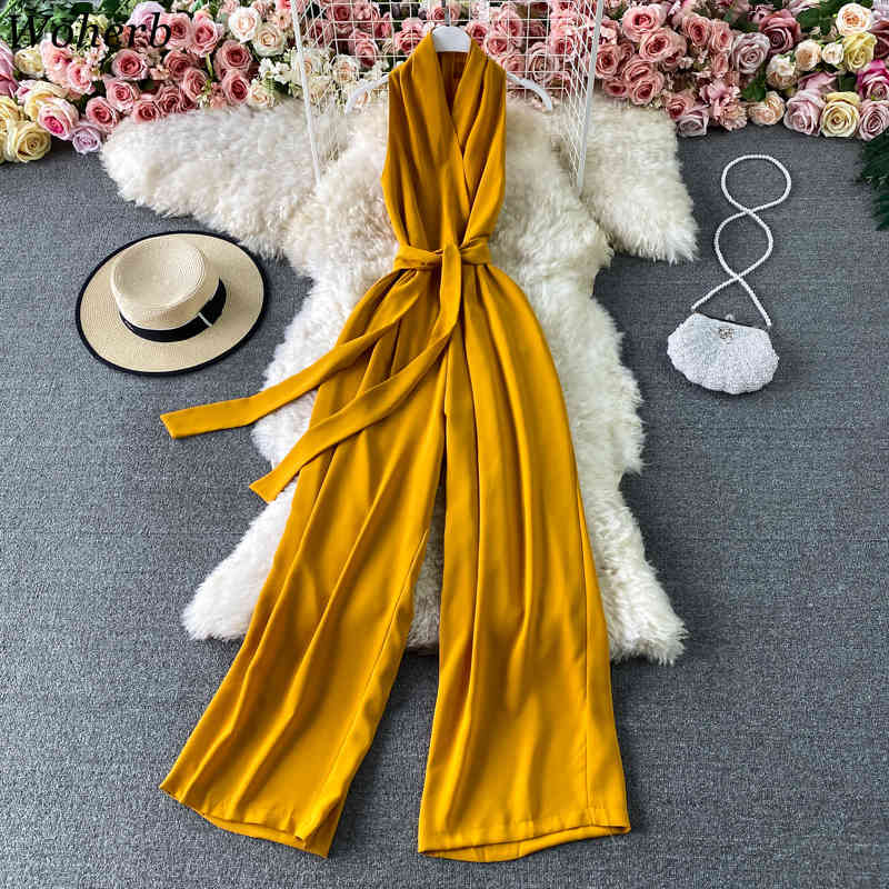 Elegant Jumpsuit Women OL Temperament Rompers Summer Halter V-neck Lace Up Bodysuit Slim Wide Leg Pants Playsuit 210519