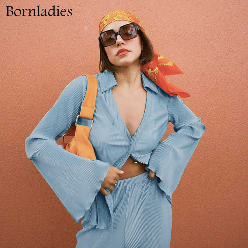 Bornladies Casual Ladies Office 2 Piece Sets Summer Women Outfit Long Sleeve Shirt And Loose Pants Green Pleated Suit Female 210930